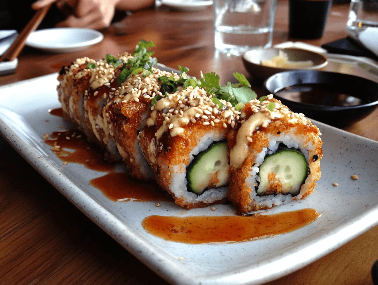 Chicken Tempura Roll garnished with sesame seeds and drizzled with spicy mayo and eel sauce, served on a ceramic plate with soy sauce on the side.