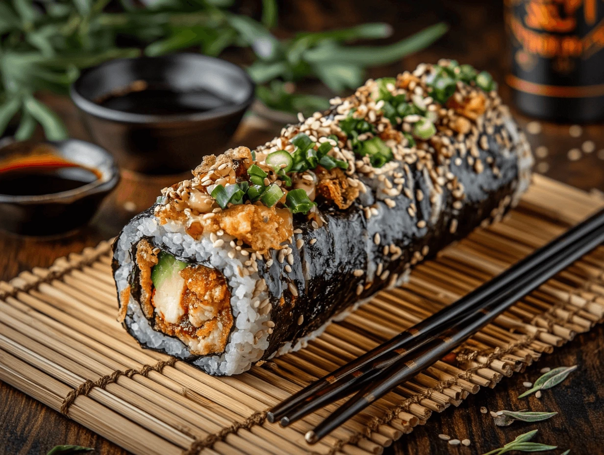 Close-up of a Chicken Tempura Roll topped with sesame seeds, green onions, and drizzled sauce, served on a bamboo mat with chopsticks and soy sauce on the side.