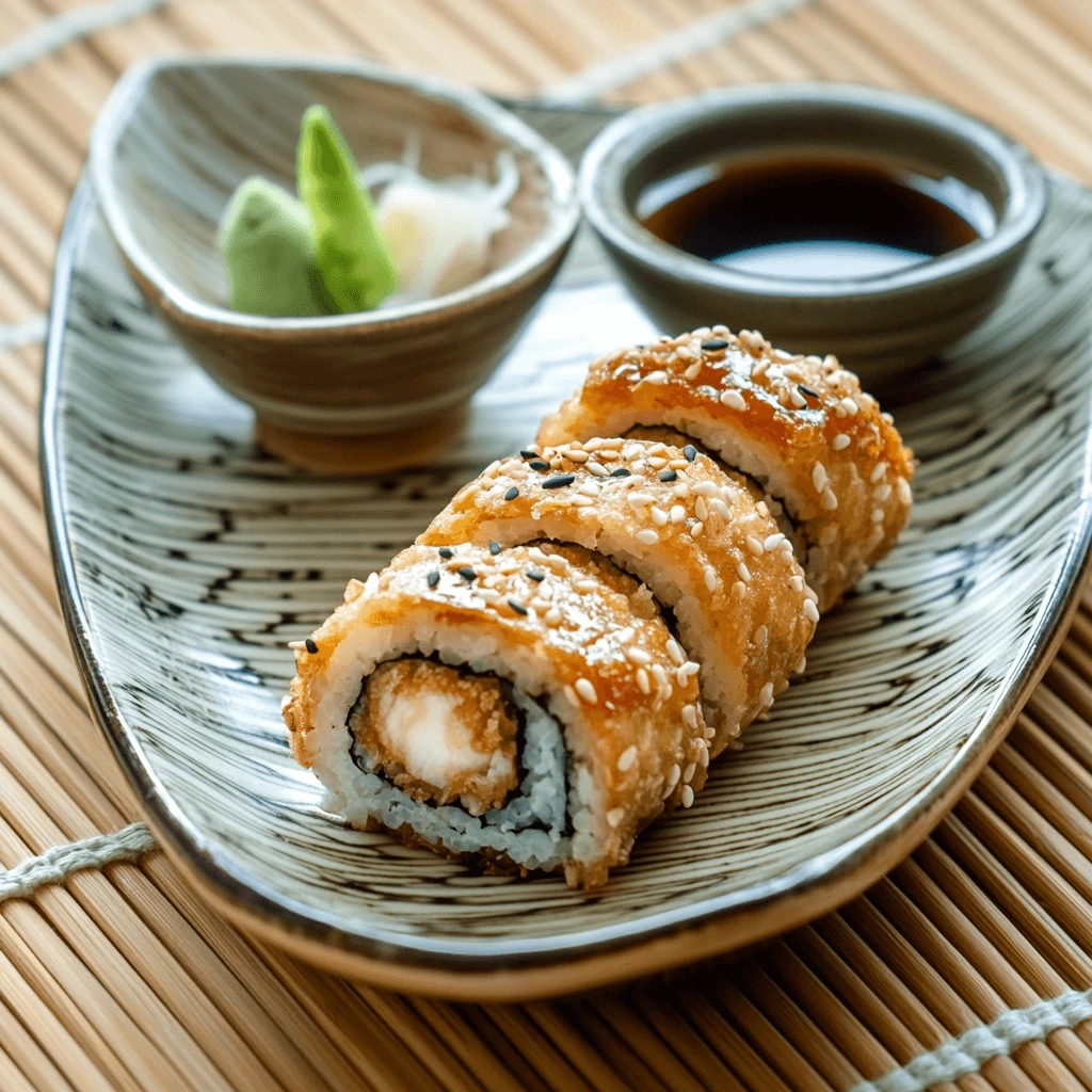 A plate of chicken tempura rolls garnished with sesame seeds, served with soy sauce, wasabi, and pickled ginger on a bamboo mat background.