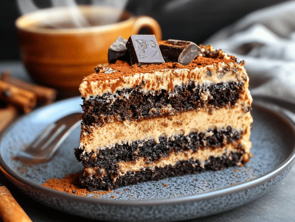 A slice of chocolate chai kefir cake with creamy layers, topped with cocoa powder and chocolate chunks, served on a plate with a cup of coffee.