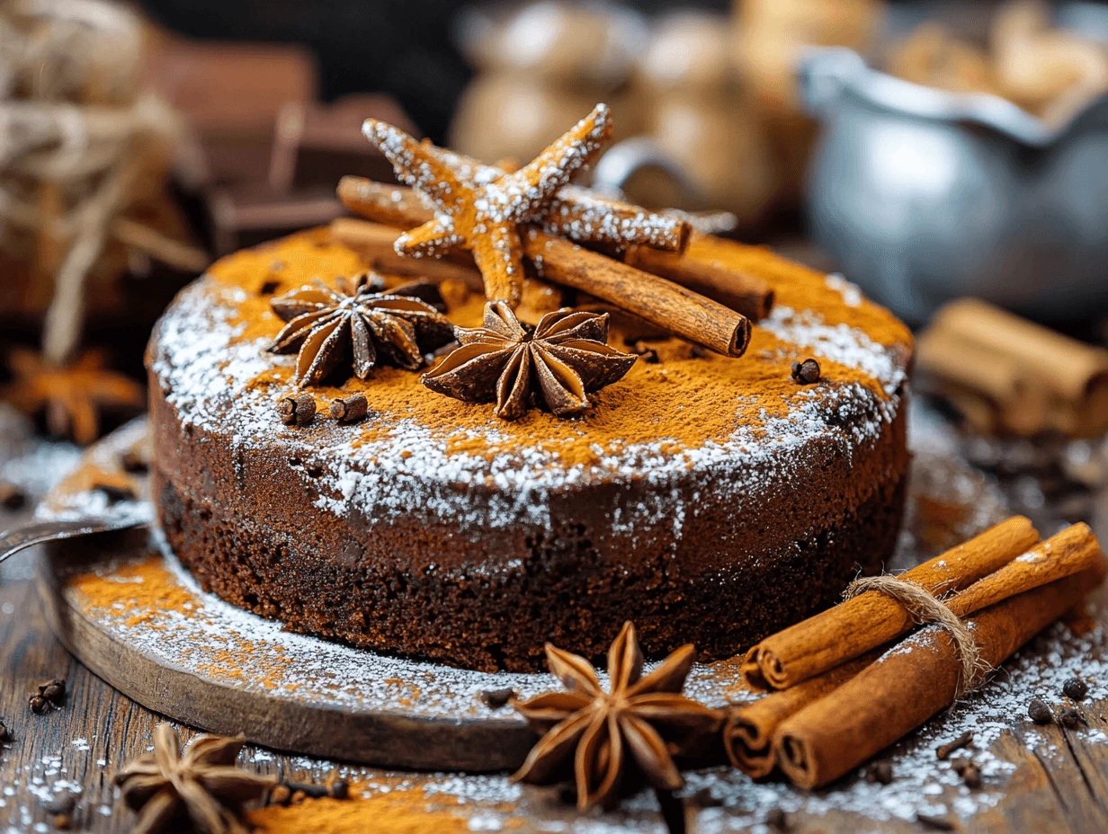 Chocolate chai kefir cake topped with cinnamon sticks, star anise, and powdered sugar, served on a rustic wooden surface.