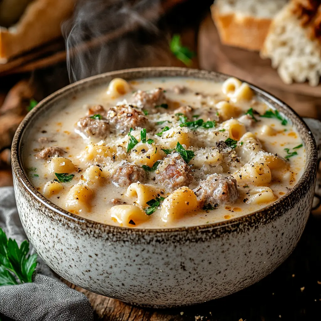 Creamy parmesan Italian sausage soup with ditalini pasta