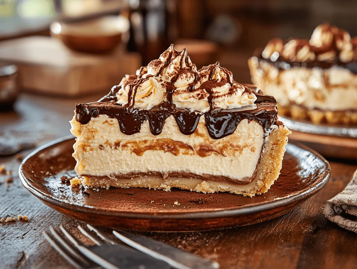 A slice of EDWARDS Boston Cream Pie with creamy layers, chocolate ganache, and whipped cream topping, served on a rustic plate.