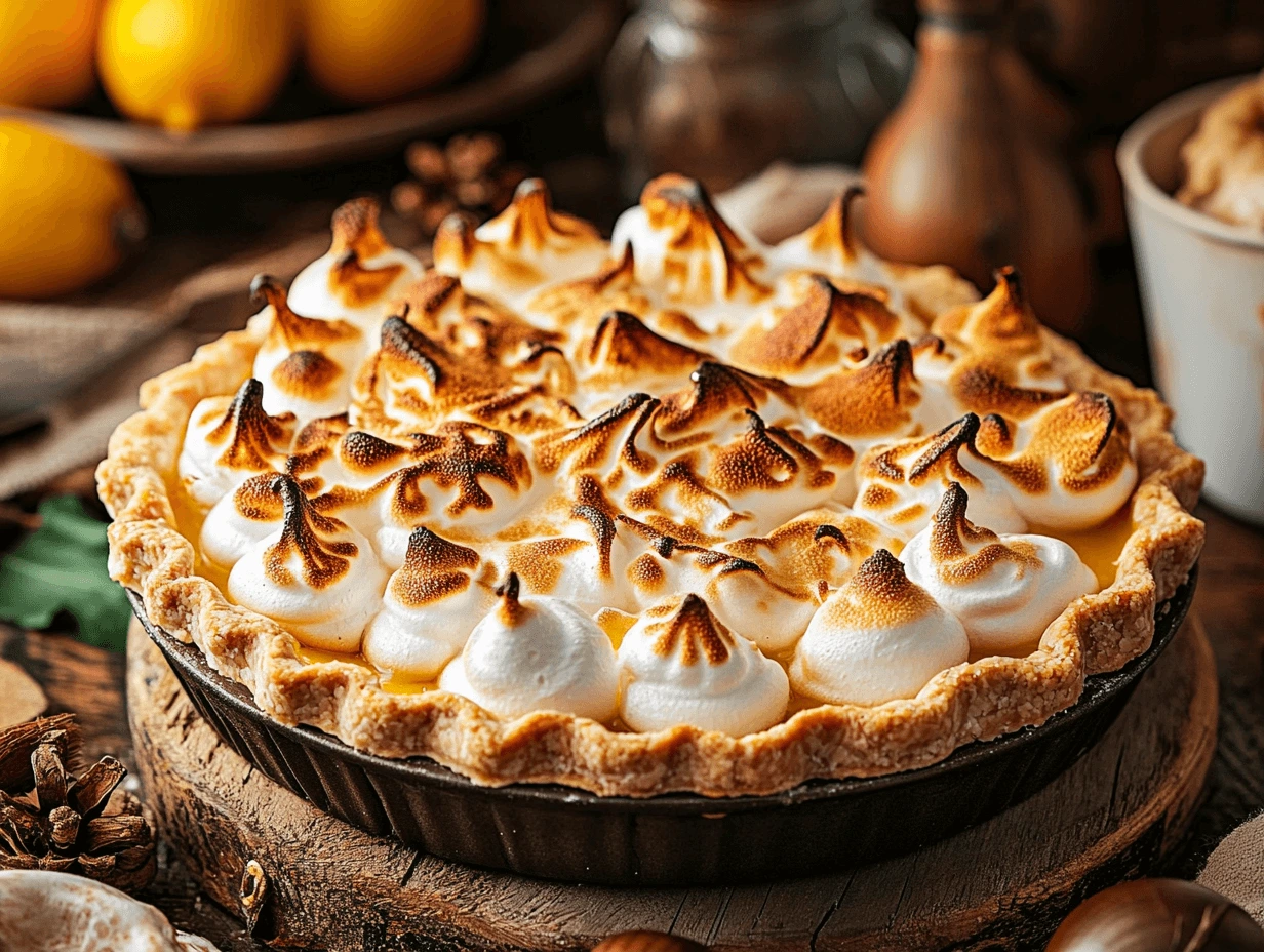 A beautifully baked lemon meringue pie with toasted peaks of meringue, set in a flaky crust, surrounded by lemons and rustic decor.