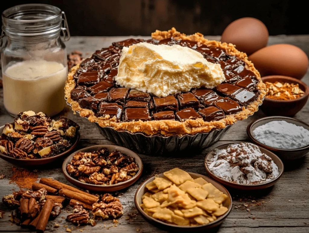 Edwards Turtle Pie topped with chocolate chunks and a dollop of whipped cream, surrounded by ingredients like pecans, cinnamon, and powdered sugar.