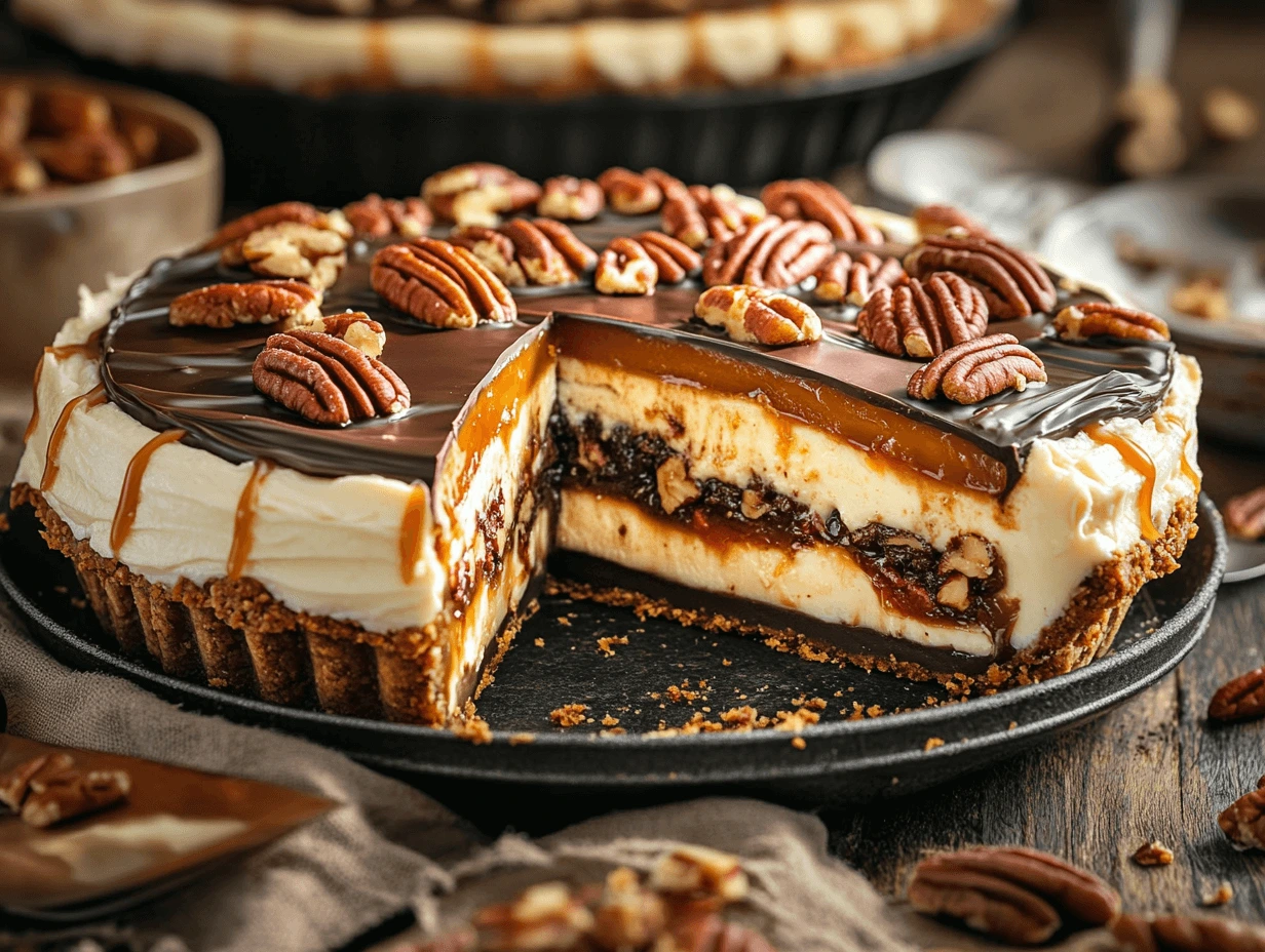 Edwards Turtle Pie with creamy layers, chocolate ganache, caramel drizzle, and pecans on a graham cracker crust, displayed with a slice removed.