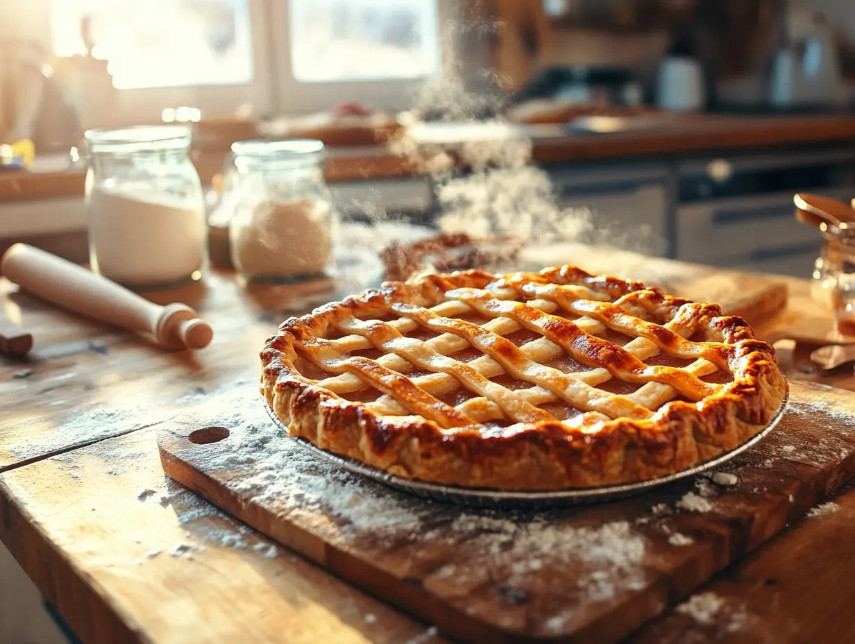 Freshly baked pie with a golden lattice top crust resting on a wooden table, with flour and baking tools in the background, made with a graham crust base.