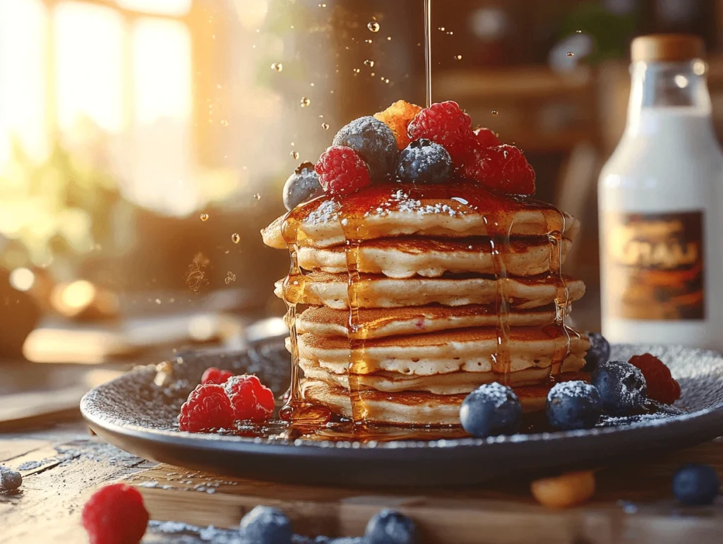 A stack of fluffy pancakes made with kefir, topped with fresh blueberries, raspberries, and syrup drizzle, served with a bottle of kefir in the background.