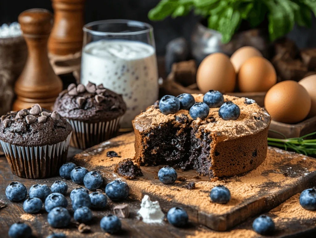 Chocolate cake and muffins made with kefir, garnished with blueberries and surrounded by baking ingredients like eggs and a glass of kefir.