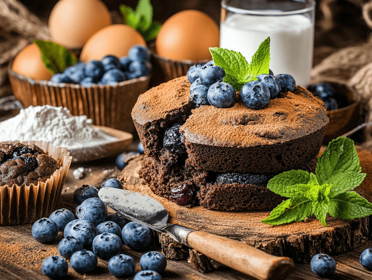 Homemade chocolate cake and muffins made with kefir, garnished with fresh blueberries and mint, surrounded by baking ingredients like eggs and flour.