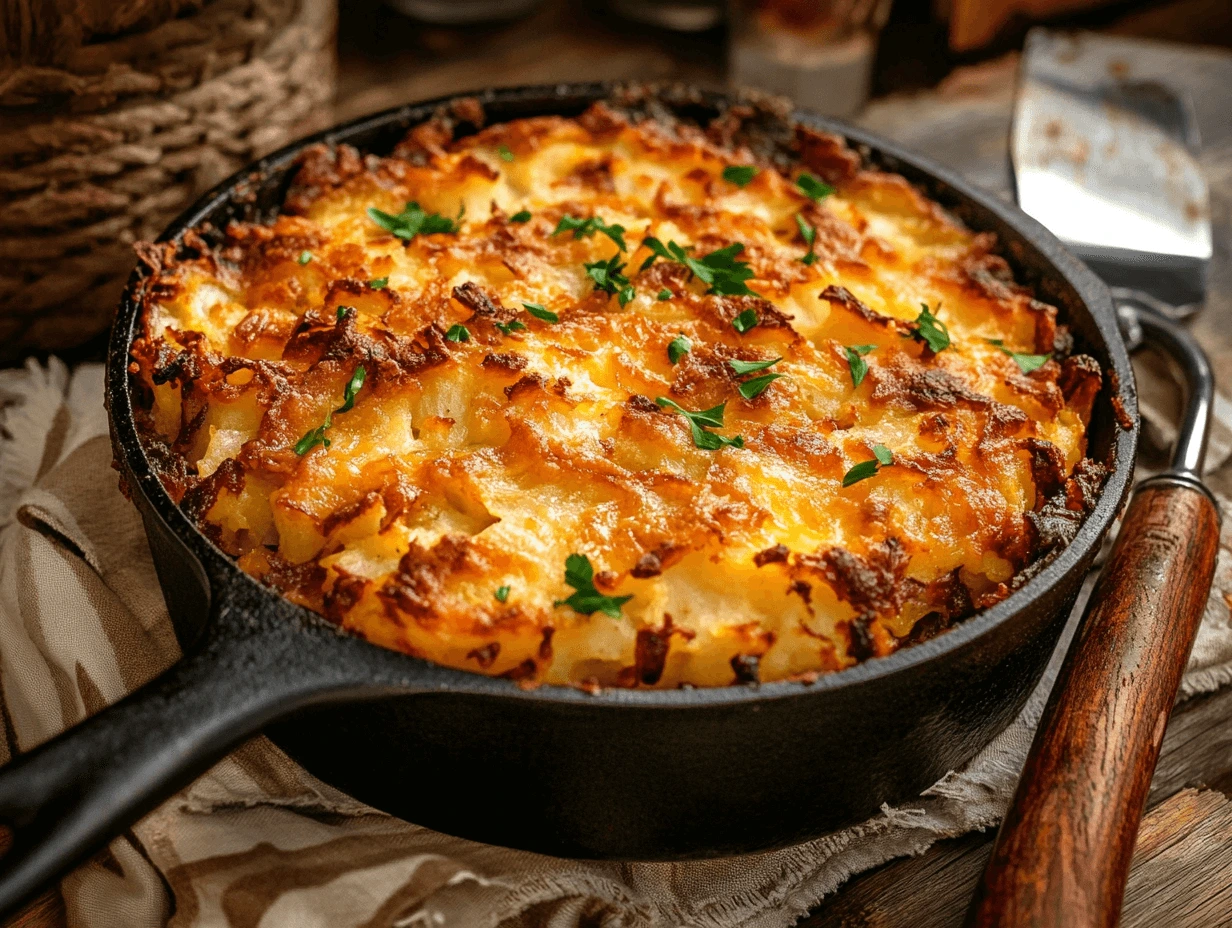 Crispy potato kugel baked in a cast-iron skillet, garnished with fresh parsley, and served on a rustic wooden surface.