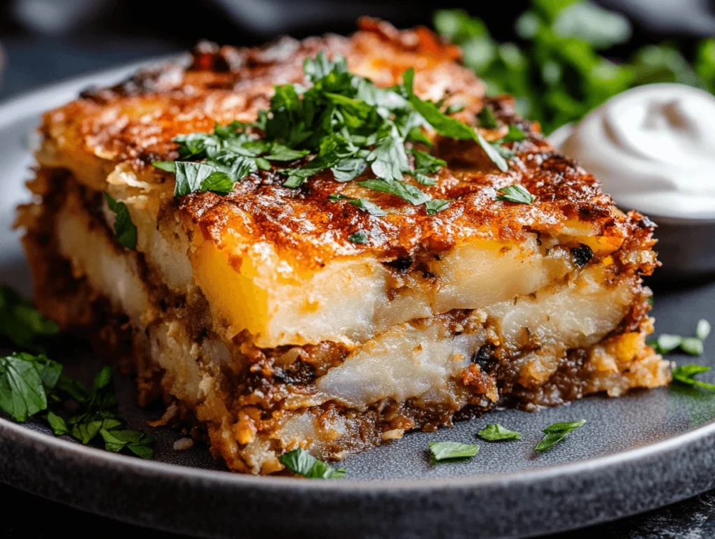 A slice of layered potato kugel with a golden crispy crust, garnished with fresh parsley, served on a plate with a dollop of sour cream.