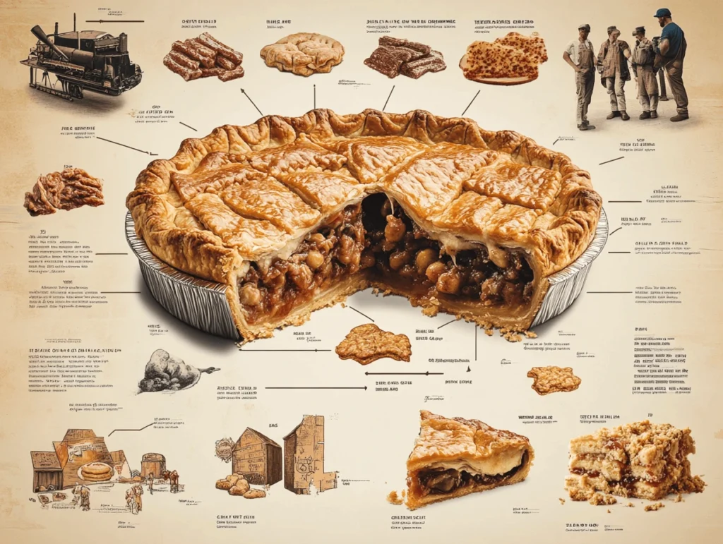 A detailed infographic of Mrs. Smith's apple pie showcasing its ingredients, history, and iconic lattice crust, surrounded by vintage illustrations.