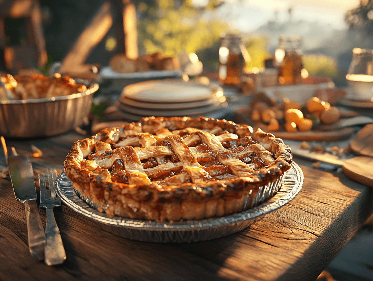 A golden lattice apple pie by Mrs. Smith's, served outdoors on a rustic wooden table with sunlight and a cozy picnic setup.