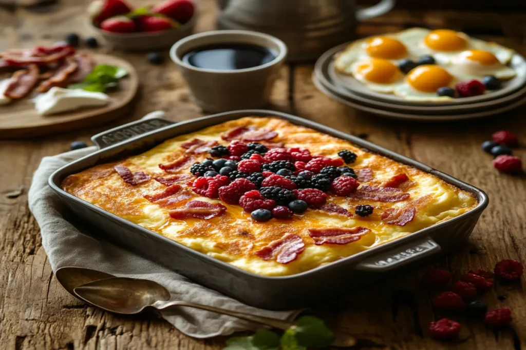 Delicious pancake breakfast casserole recipe topped with crispy bacon, fresh berries, and served with coffee, eggs, and fruit on a rustic wooden table.