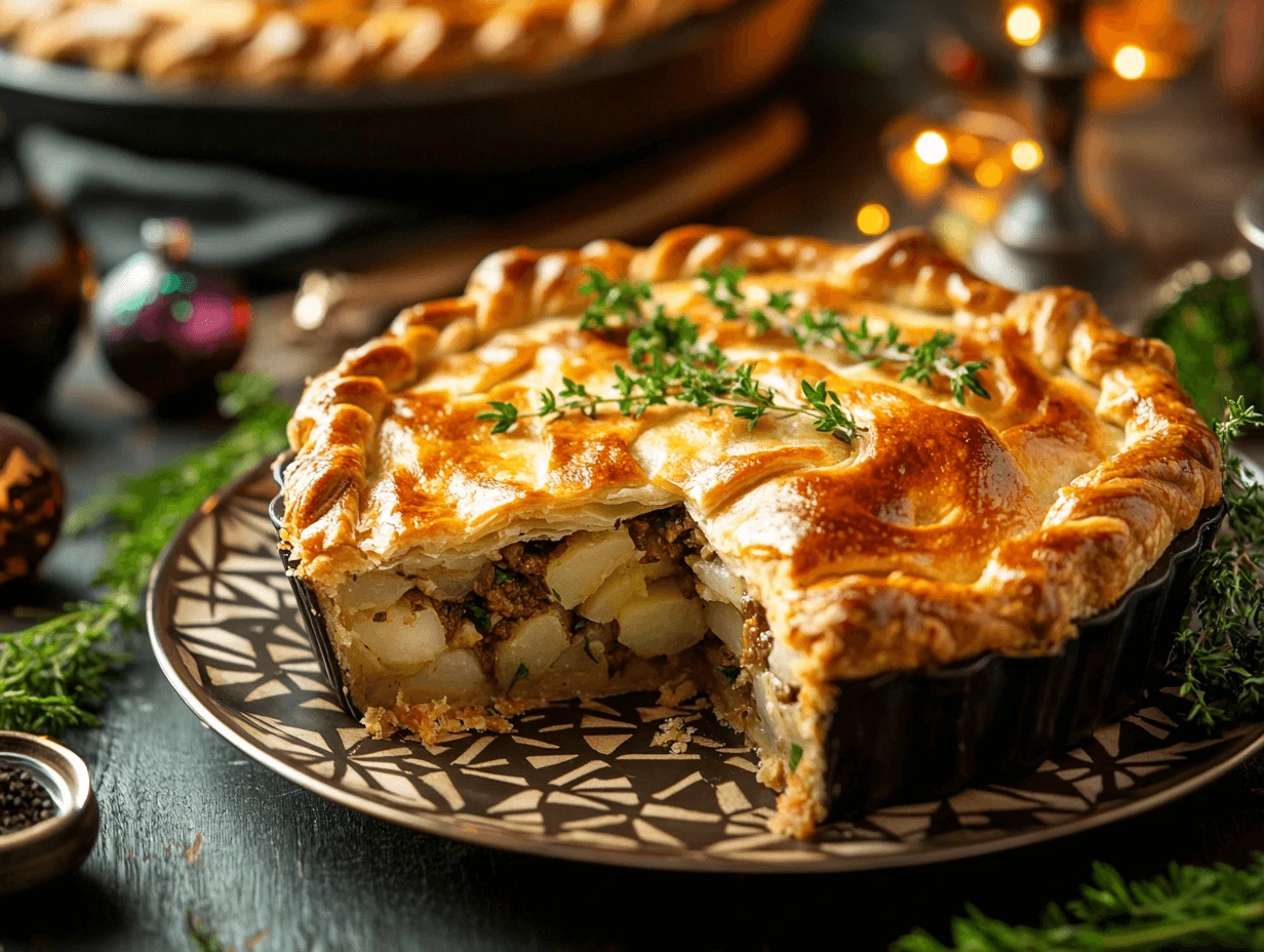 Golden-brown Passover Potato Pie with a flaky crust, filled with layers of potatoes, fresh herbs, and a savory mixture, garnished with thyme sprigs.