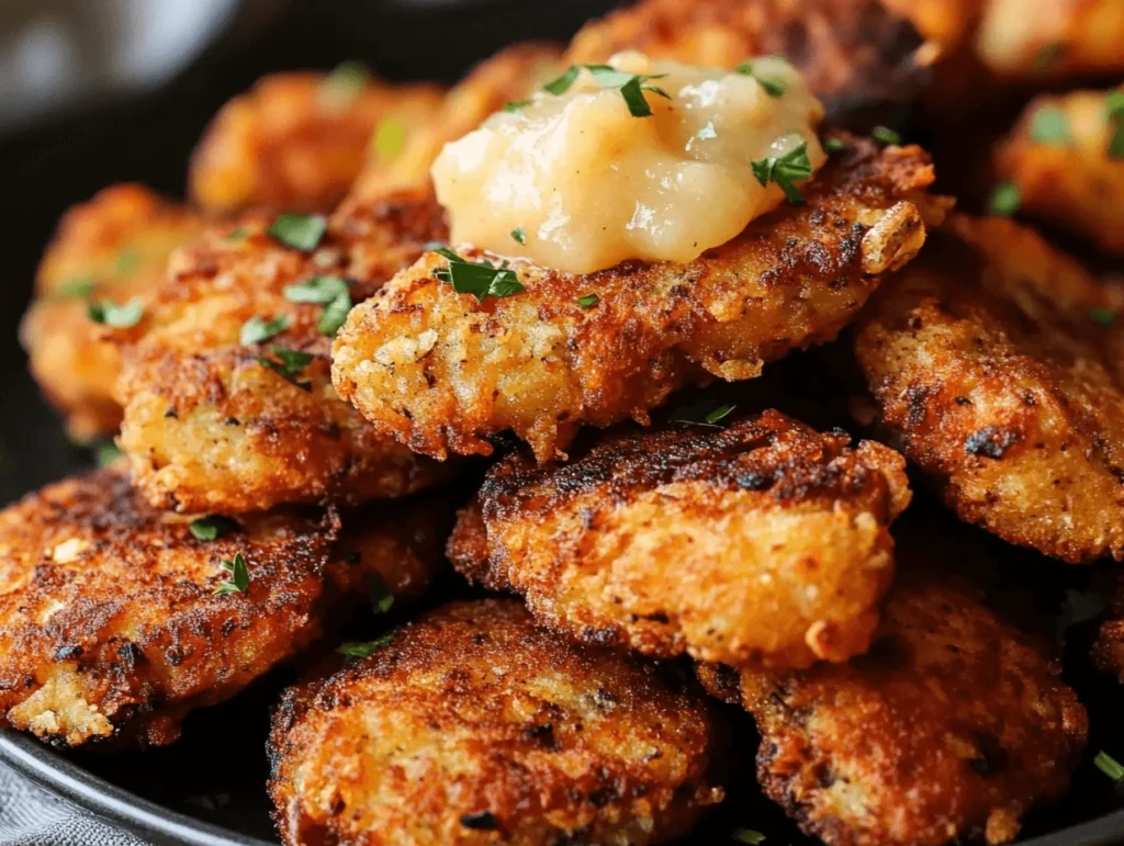 Crispy golden potato fritters topped with applesauce and garnished with fresh herbs, served on a black plate.