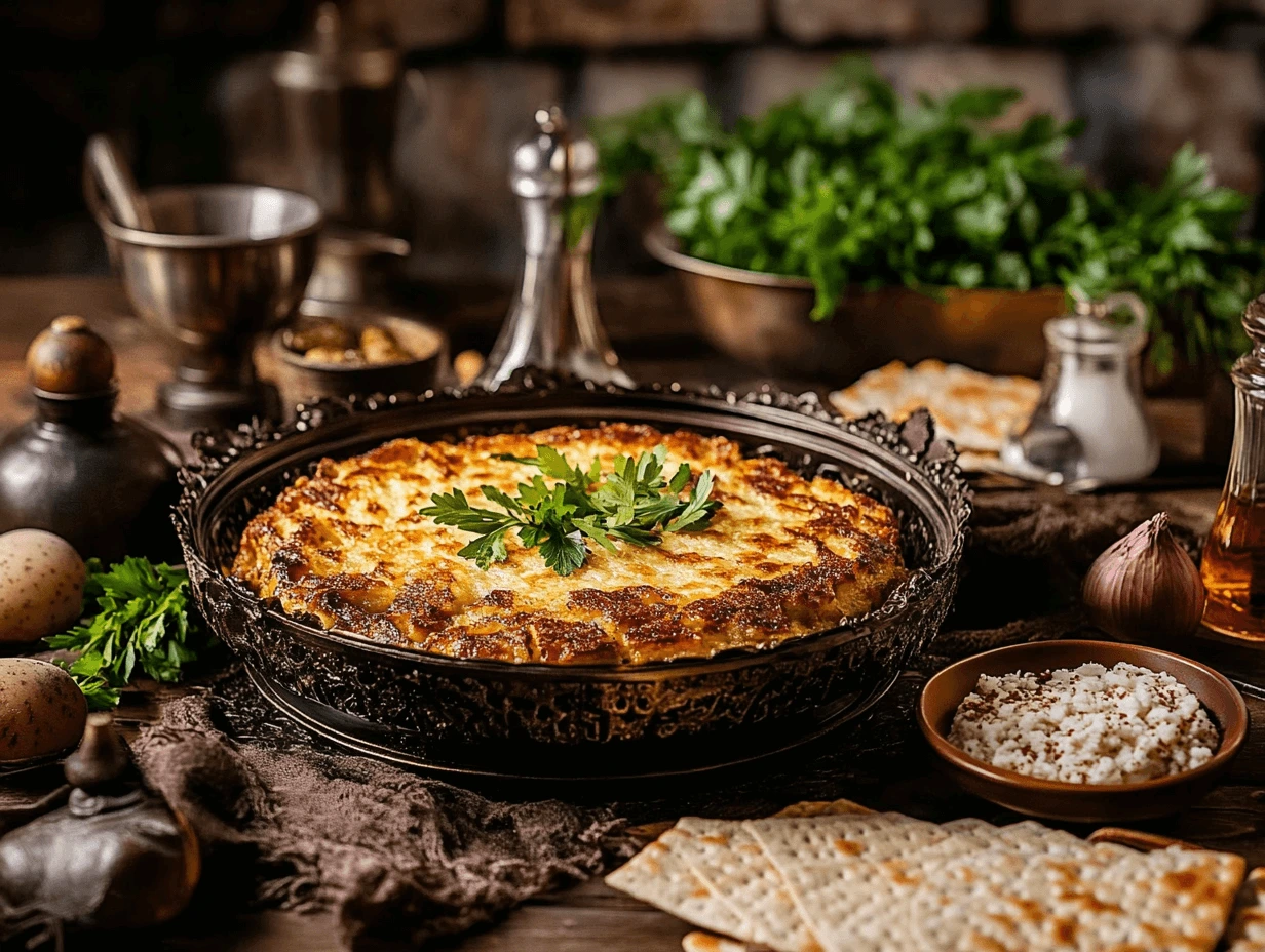 Golden-brown potato kugel garnished with fresh parsley, served in a decorative dish alongside matzo and Passover ingredients.