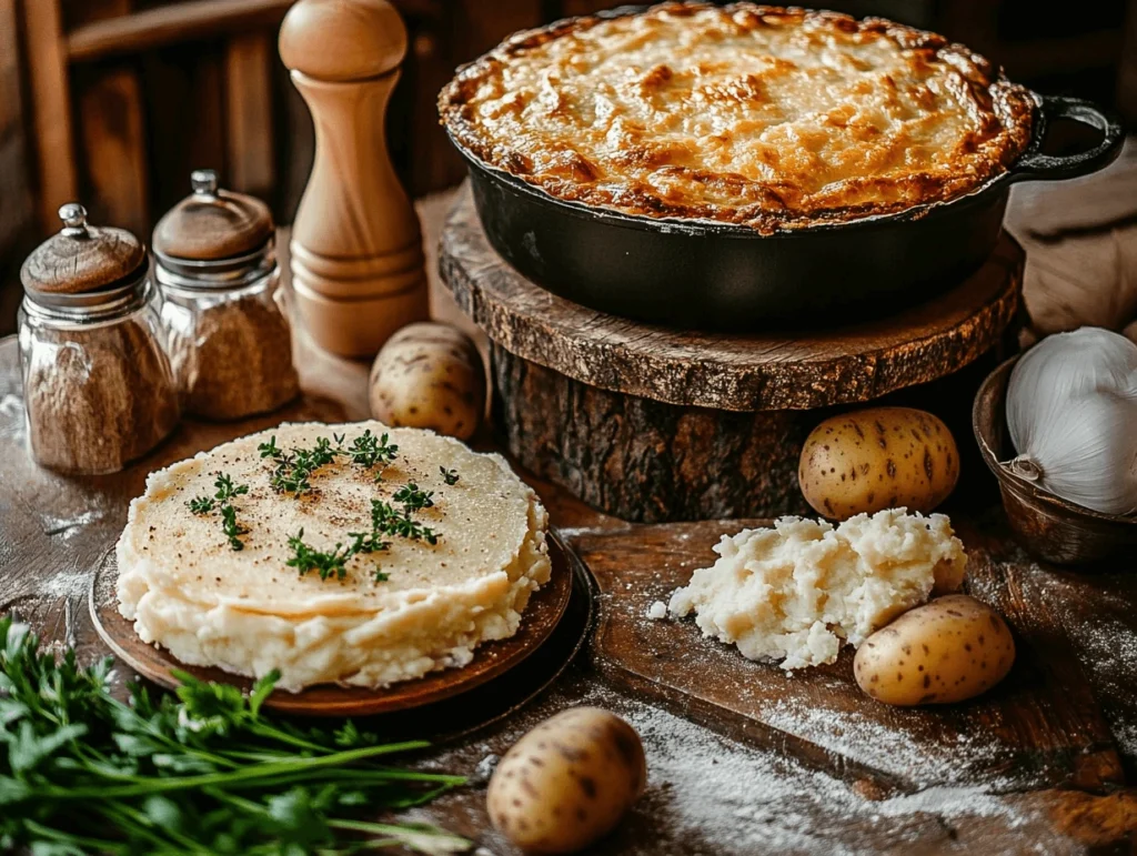 Rustic Passover Potato Pie served in a cast iron dish, surrounded by mashed potatoes, fresh parsley, and raw ingredients on a wooden table.