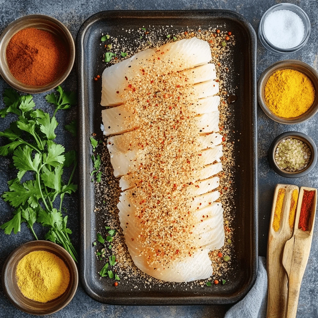 Raw fish fillets seasoned with a mix of spices on a dark tray, surrounded by fresh parsley and small bowls of various spices, including paprika, turmeric, and salt.