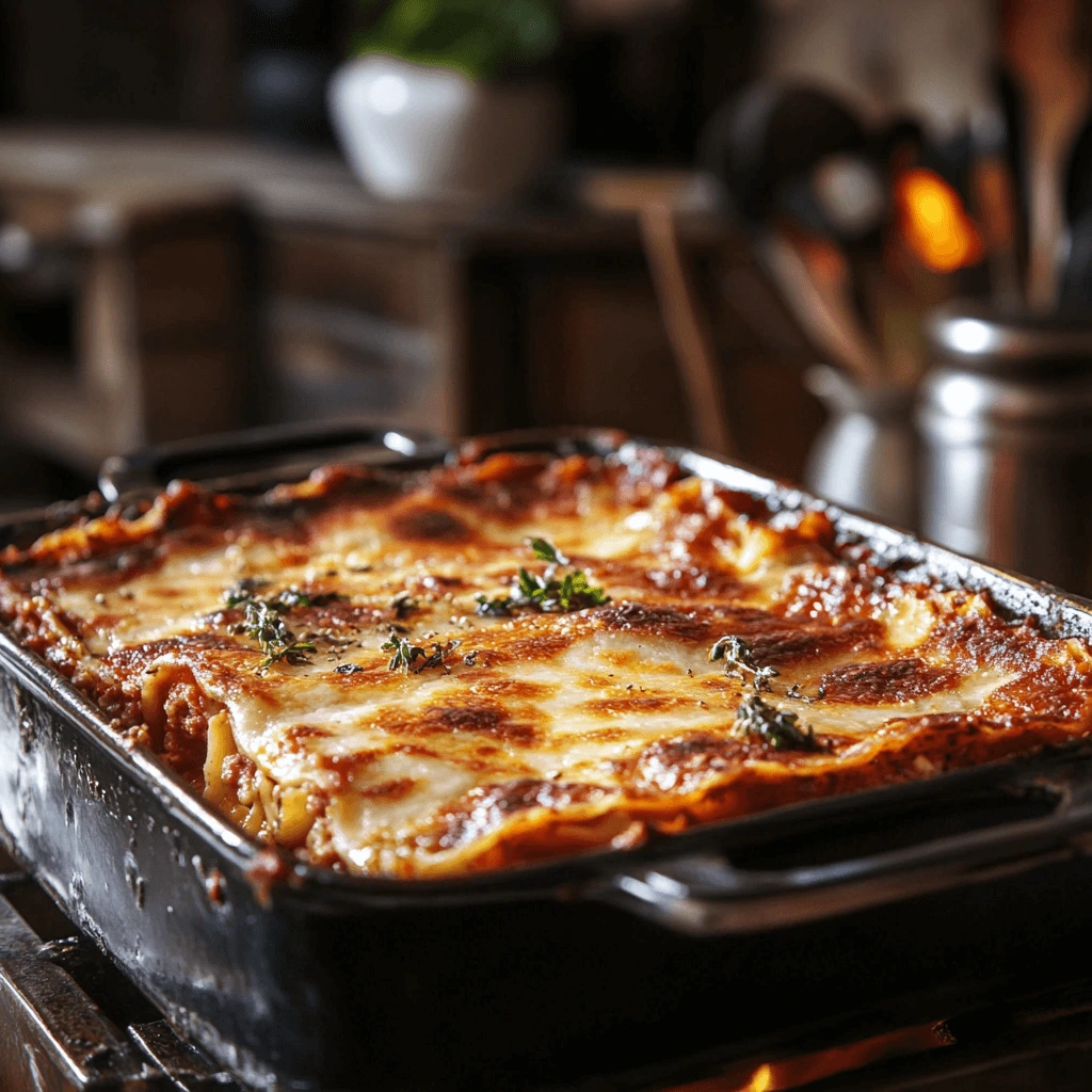 A freshly baked lasagna in a black baking dish, topped with golden-brown melted cheese and fresh thyme sprigs, sitting on a rustic kitchen countertop with a warm, cozy background.