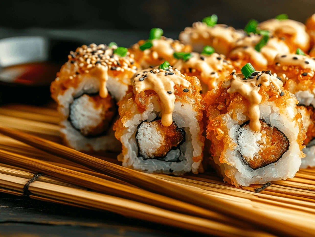 Close-up of Chicken Tempura Sushi topped with spicy mayo, sesame seeds, and green onions, served on a bamboo mat with soy sauce on the side.