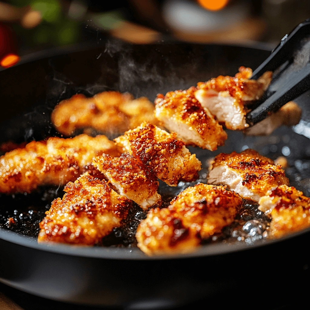 Close-up of crispy golden-brown chicken tempura pieces being cooked in a skillet, with steam rising and tongs holding a piece.