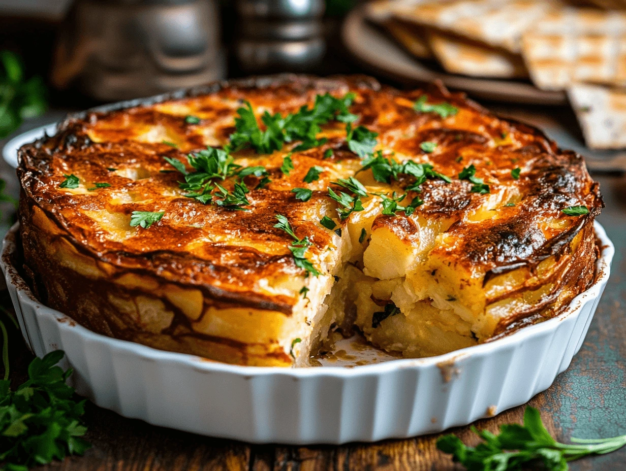 A golden-brown potato kugel garnished with fresh parsley, served in a white baking dish with a slice removed, revealing its creamy layers.