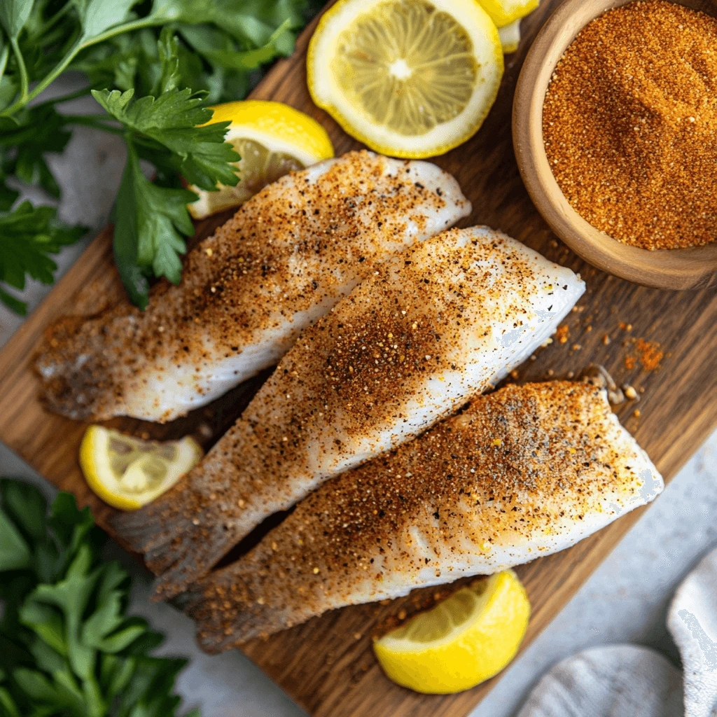 Three raw fish fillets seasoned with a rustic blend of spices, surrounded by fresh lemon slices, parsley, and a bowl of seasoning mix on a wooden board.