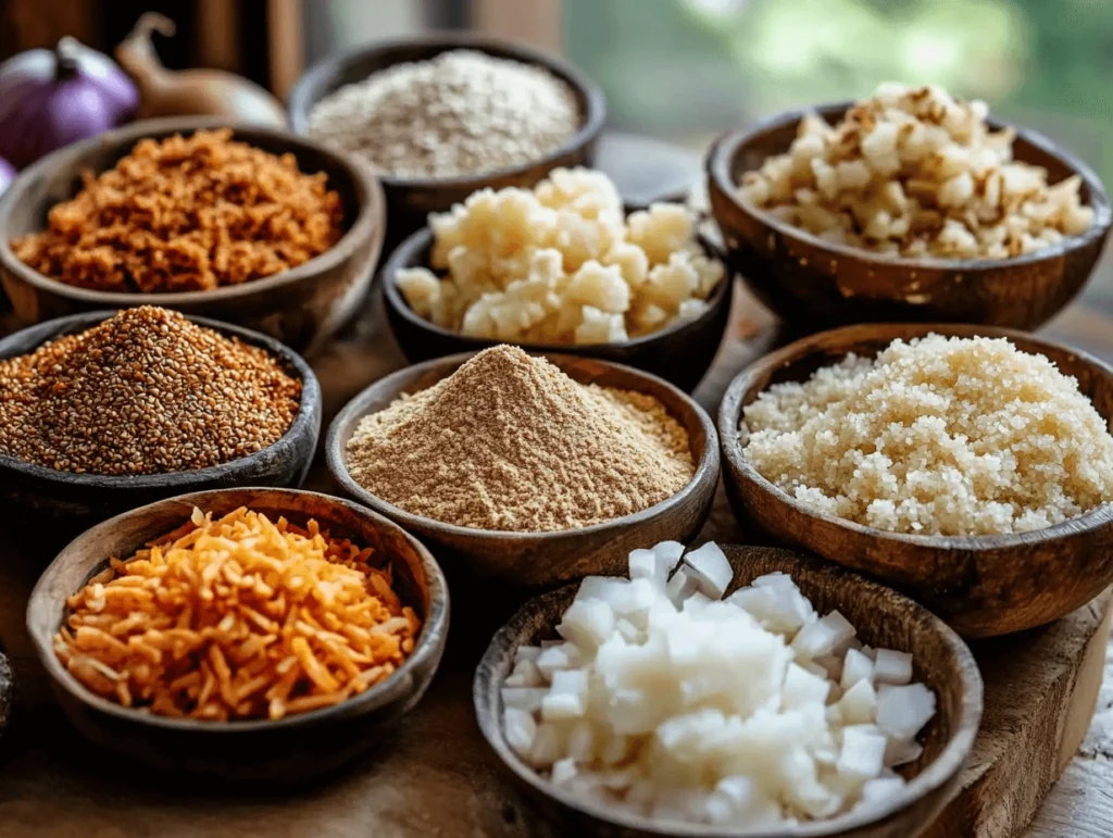 A variety of kugel ingredients, including grated potatoes, matzo meal, onions, and shredded carrots, displayed in wooden bowls on a rustic table.