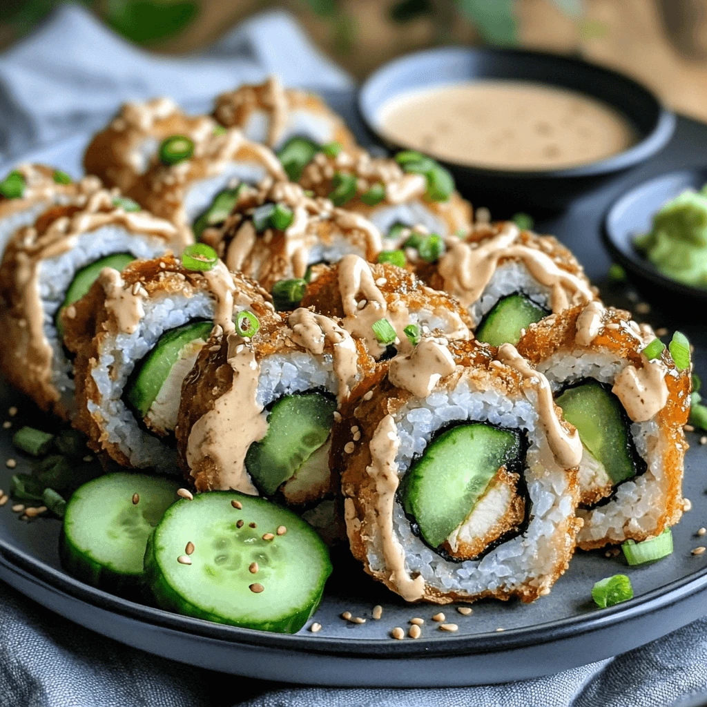 Close-up of crispy chicken tempura rolls garnished with sesame seeds and sliced cucumbers, served with dipping sauce and wasabi on a black plate.