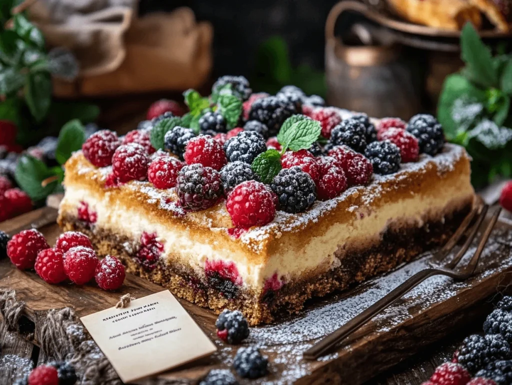 A delicious kefir sheet cake topped with fresh raspberries, blackberries, and blueberries, garnished with powdered sugar and mint leaves, served on a rustic wooden board.