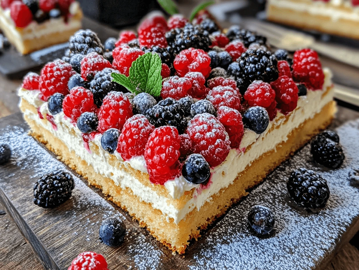 A vibrant kefir sheet cake topped with fresh raspberries, blackberries, and blueberries, dusted with powdered sugar, and garnished with a fresh mint leaf.