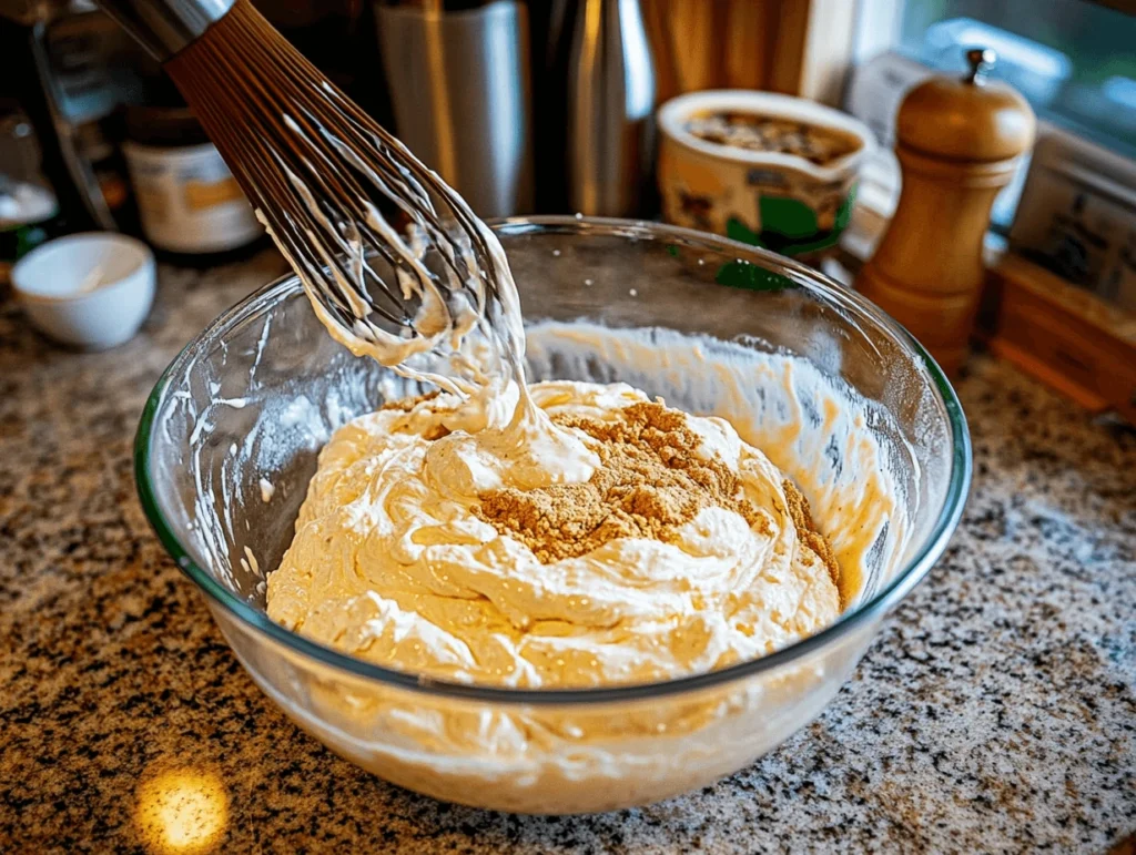 Mixing batter for kefir sheet cake in a glass bowl with a whisk, showing creamy texture and added ingredients on a granite countertop.