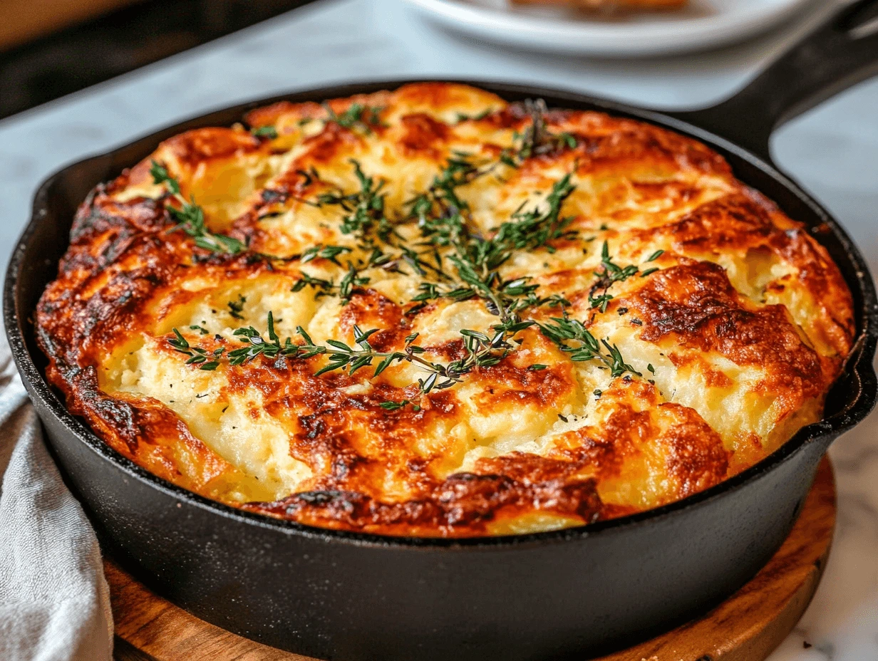 olden-brown potato kugel baked in a cast-iron skillet, garnished with fresh thyme, and set on a wooden board.