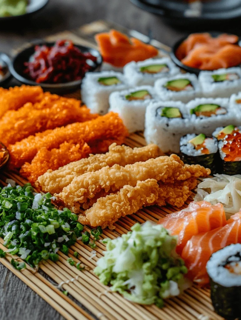 Assorted sushi ingredients including crispy tempura chicken, fresh vegetables, sliced salmon, and prepared sushi rolls on a bamboo mat.