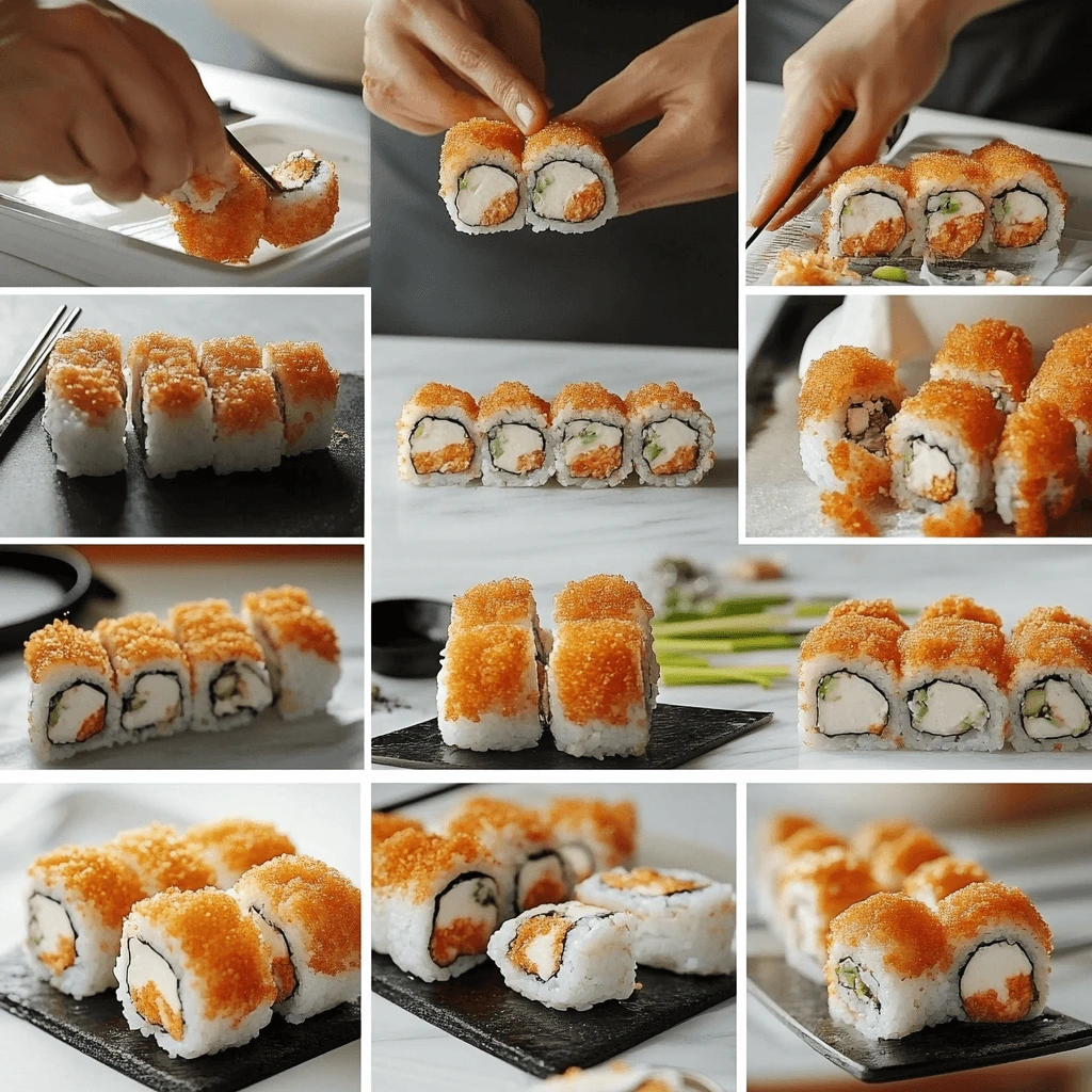 A collage showcasing the step-by-step preparation of chicken tempura rolls, from rolling the sushi to topping with vibrant orange tobiko and slicing into perfect pieces.