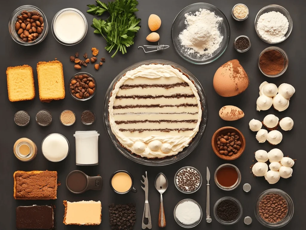 Ingredients for EDWARDS Boston Cream Pie recipe, including cake slices, cream, chocolate, eggs, flour, and garnishes, displayed neatly on a flat surface.