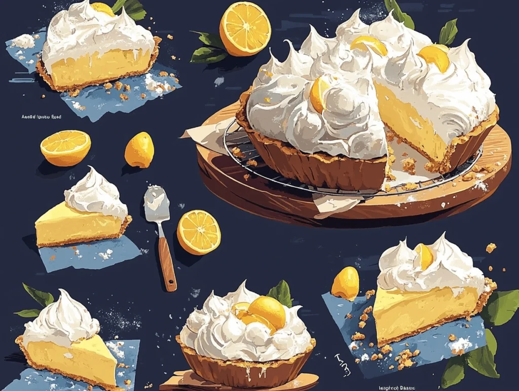 Illustrations of a lemon cream pie with whipped topping, showing slices and a whole pie garnished with lemon wedges on a dark background.