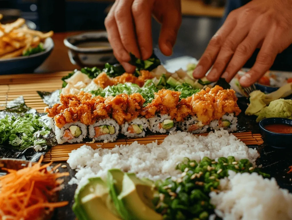 Hands assembling Chicken Tempura Sushi rolls with crispy chicken, fresh vegetables, and sushi rice on a bamboo mat, surrounded by colorful ingredients.