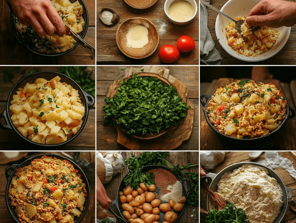 A step-by-step collage showing the preparation of potato kugel with ingredients like potatoes, parsley, and matzo meal, arranged on a rustic wooden table.