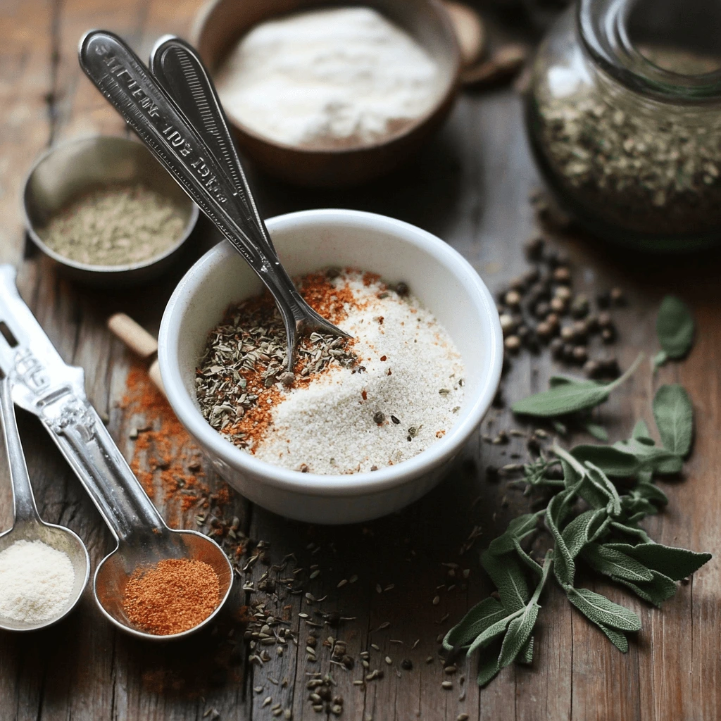 Close-up of a white bowl filled with homemade spice blend, surrounded by measuring spoons, fresh herbs, and spice jars on a rustic wooden table.