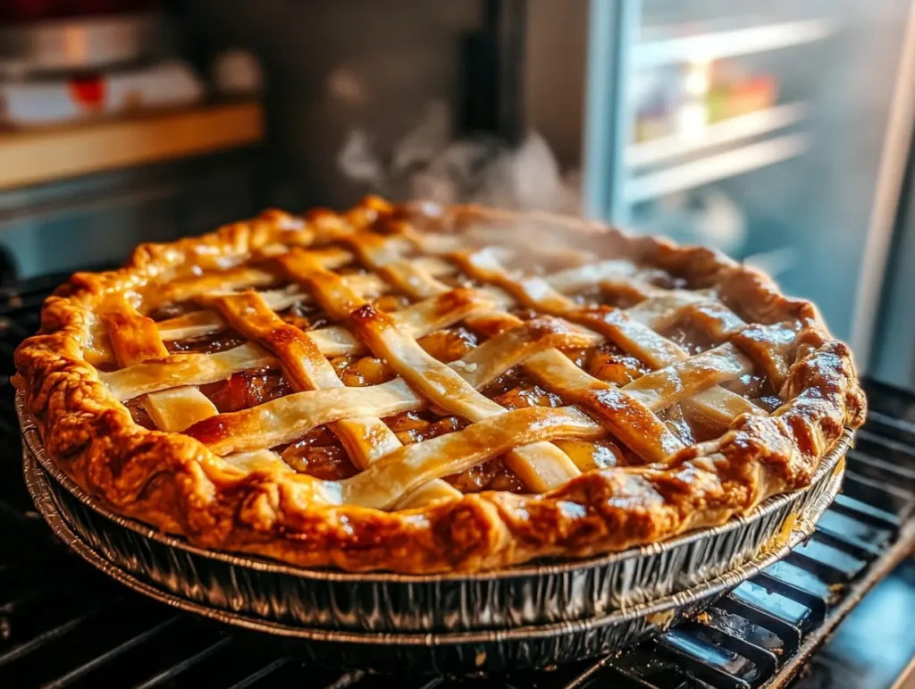 Golden-brown lattice pie with steam rising, freshly baked in the oven, made with a graham crust base for a rich, buttery flavor.