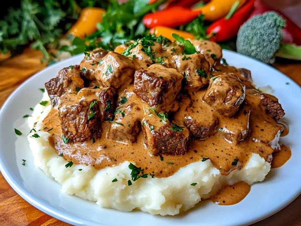 A plate of tender beef tips in rich, creamy gravy served over fluffy mashed potatoes, garnished with fresh parsley, with colorful vegetables in the background.