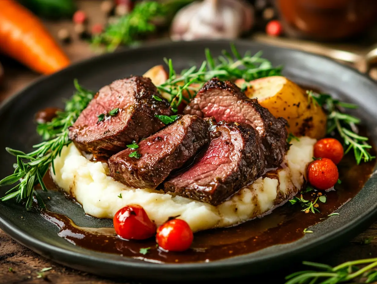 Juicy, medium-rare seared beef tips served over creamy mashed potatoes, accompanied by roasted cherry tomatoes, a drizzle of rich gravy, and garnished with fresh rosemary sprigs on a black plate.