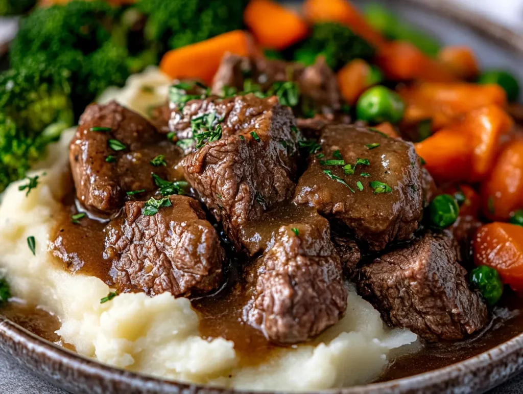 Tender beef tips in savory brown gravy served over creamy mashed potatoes, accompanied by steamed broccoli, carrots, and peas.