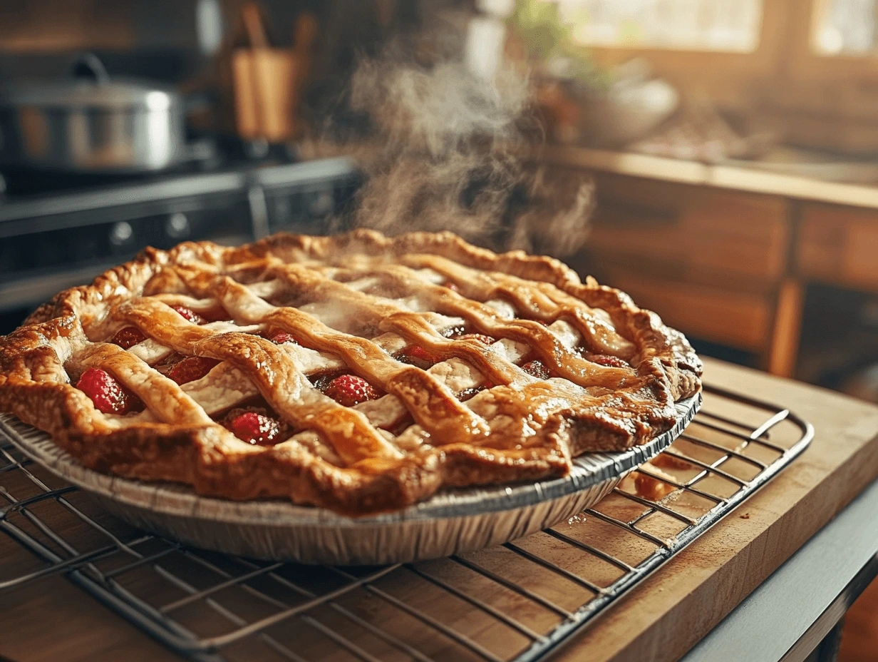 A freshly baked fruit pie with a golden lattice crust, steaming on a cooling rack in a cozy kitchen.