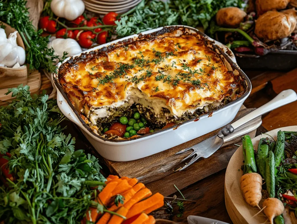 A baked vegetable casserole in a white dish, topped with melted cheese and herbs, surrounded by fresh vegetables like carrots, peas, and greens.