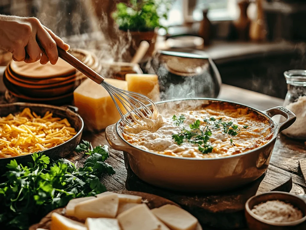 A hand whisking creamy sauce in a casserole dish, surrounded by fresh ingredients like grated cheese, parsley, and butter, in a rustic kitchen setting.