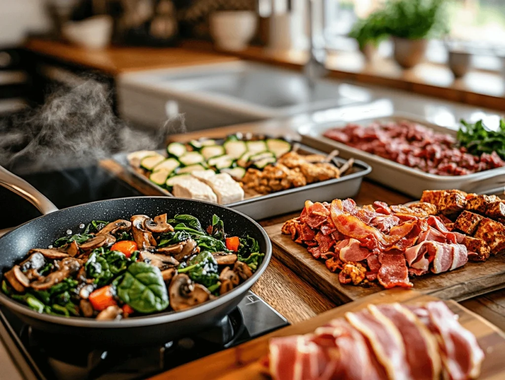 A vibrant kitchen setup with prepped ingredients for breakfast, featuring a frying pan with sautéed spinach, mushrooms, and cherry tomatoes, alongside trays of fresh vegetables, bacon, and seasoned meats.